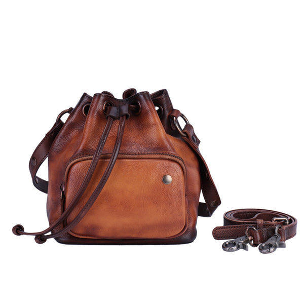 Small Womens Genuine Leather Drawstring Bucket Bag Crossbody Purse For Women Accessories
