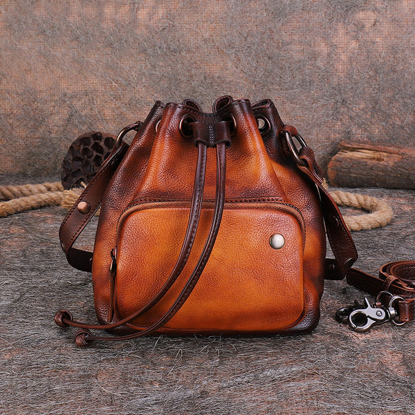 Small Womens Genuine Leather Drawstring Bucket Bag Crossbody Purse For Women Affordable