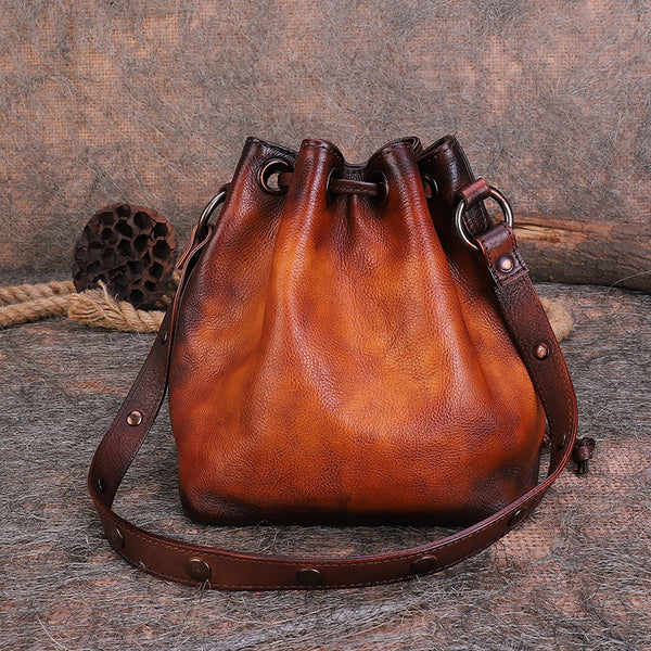 Small Womens Genuine Leather Drawstring Bucket Bag Crossbody Purse For Women Beautiful