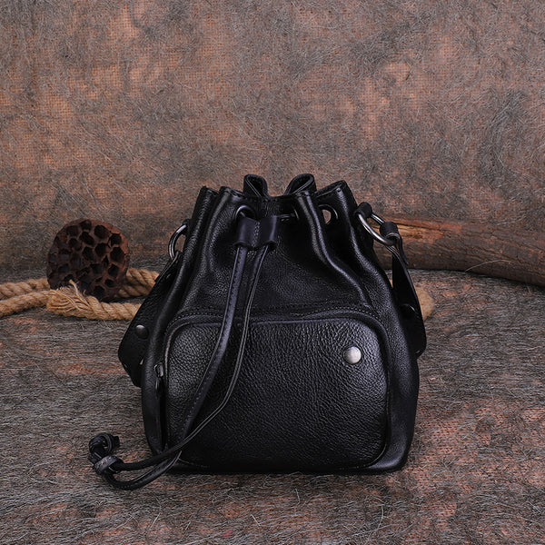 Small Womens Genuine Leather Drawstring Bucket Bag Crossbody Purse For Women Black