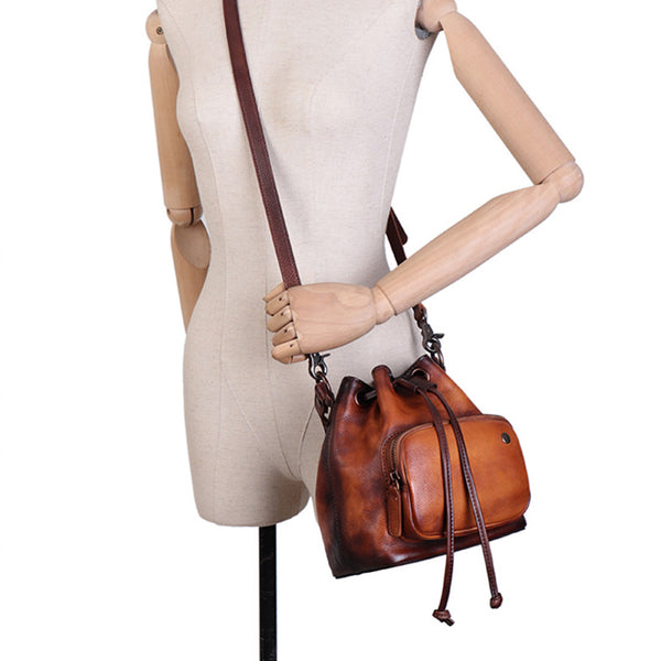 Small Womens Genuine Leather Drawstring Bucket Bag Crossbody Purse For Women Fashion