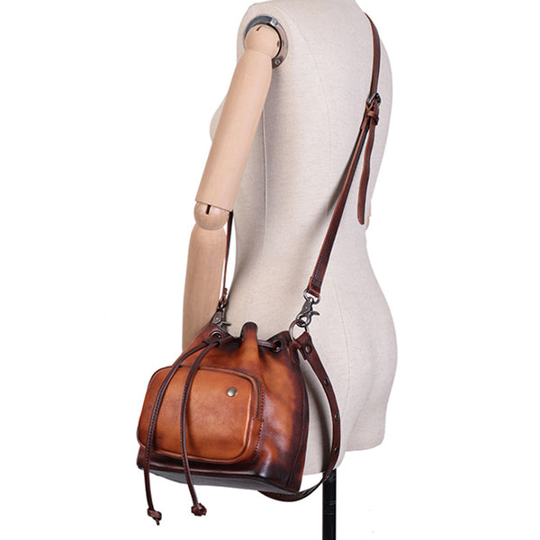Small Womens Genuine Leather Drawstring Bucket Bag Crossbody Purse For Women Gift