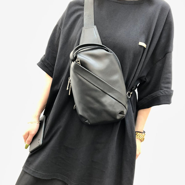 Small Womens Leather Chest Backpack Purse Black Sling Bags Beautiful