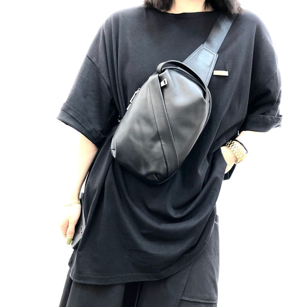 Small Womens Leather Chest Backpack Purse Black Sling Bags Black