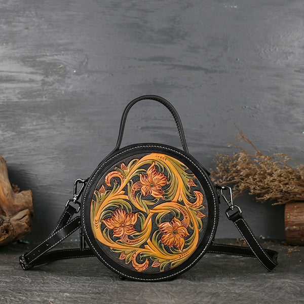 Small Womens Ttooled Leather Circle Bag Round Leather Crossbody Bag For Women Accessories