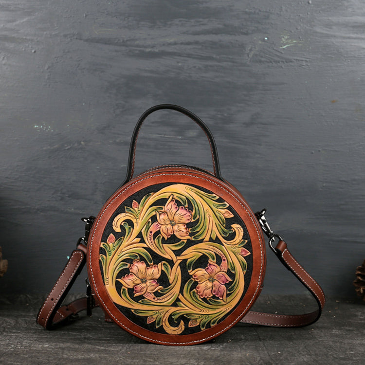 Small Womens Ttooled Leather Circle Bag Round Leather Crossbody Bag For Women Affordable
