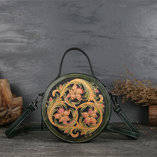 Small Womens Ttooled Leather Circle Bag Round Leather Crossbody Bag For Women Best