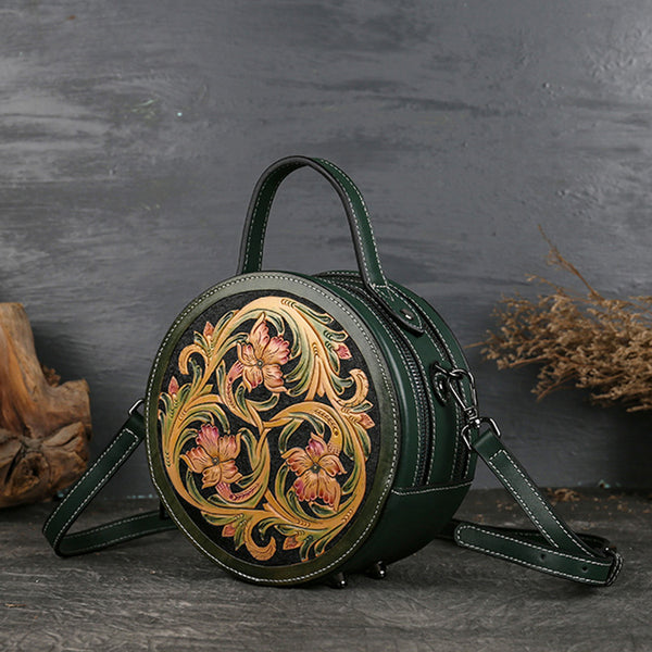 Small Womens Ttooled Leather Circle Bag Round Leather Crossbody Bag For Women Chic