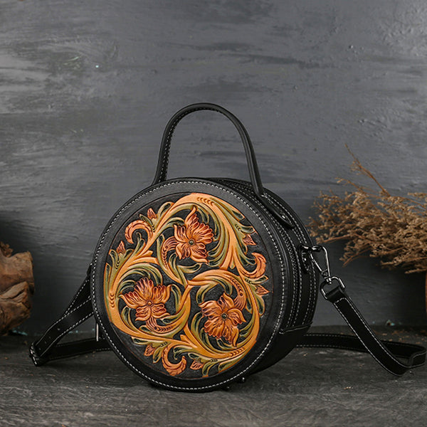 Small Womens Ttooled Leather Circle Bag Round Leather Crossbody Bag For Women Cool
