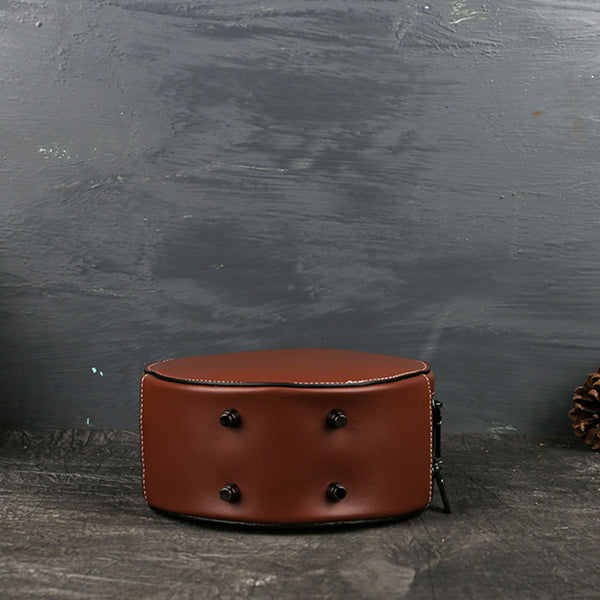 Small Womens Ttooled Leather Circle Bag Round Leather Crossbody Bag For Women Genuine Leather