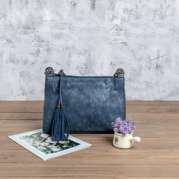 Womens Blue Vegan Leather Casual Handbags With Fringe Ladies Shoulder Bag