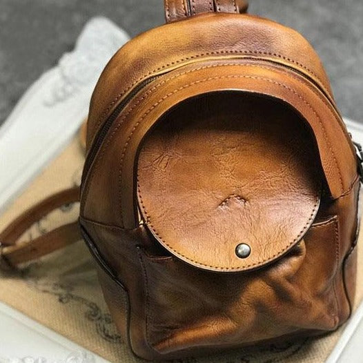 Small Womens Vintage Leather Backpack Purse Brown Rucksack Trendy