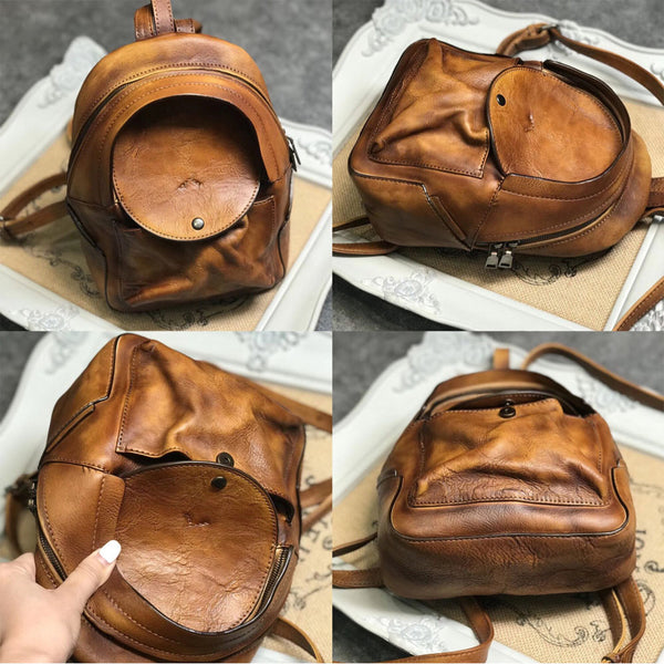 Small Womens Vintage Leather Backpack Purse Brown Rucksack Cute