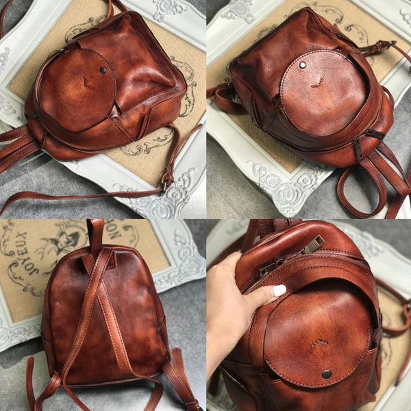 Small Womens Vintage Leather Backpack Purse Brown Rucksack Handmade