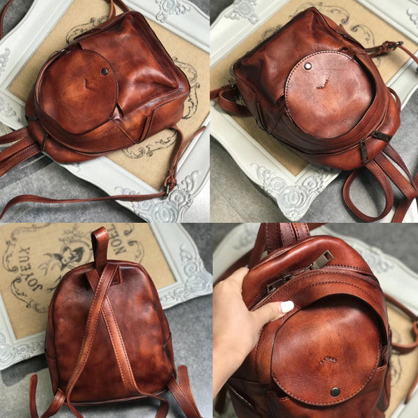 Small Womens Vintage Leather Backpack Purse Brown Rucksack Latest