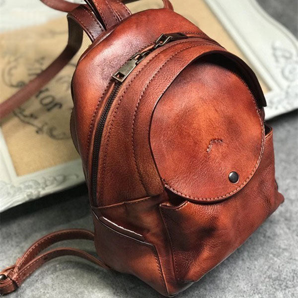 Small Womens Vintage Leather Backpack Purse Brown Rucksack Quality
