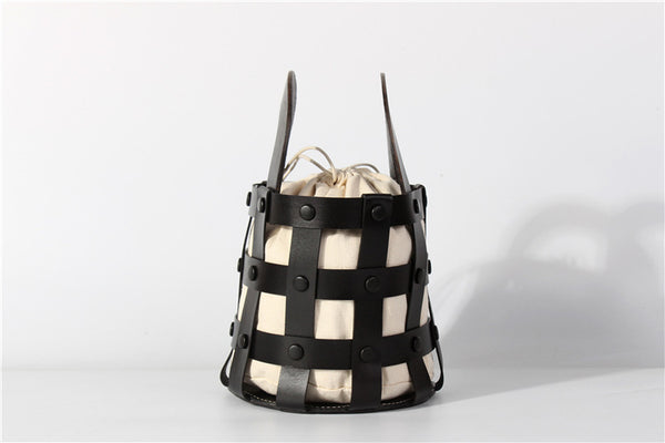Small Woven Leather Bucket Shoulder Bag Handbags For Women Black