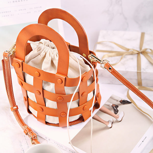 Small Woven Leather Bucket Shoulder Bag Handbags For Women Durable