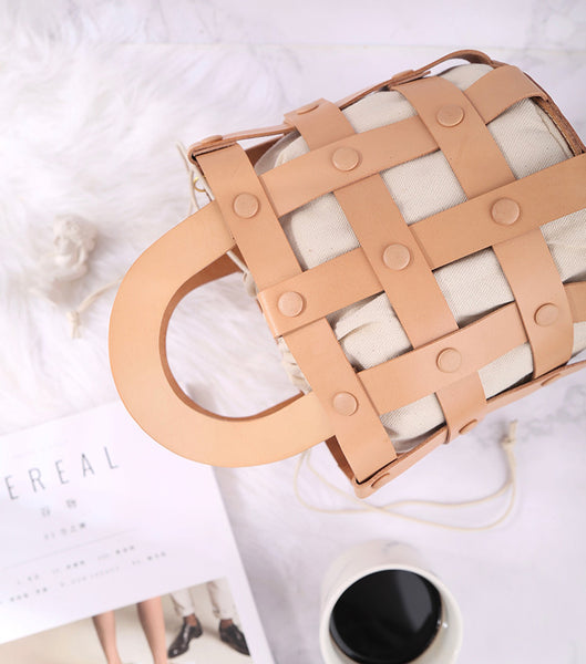 Small Woven Leather Bucket Shoulder Bag Handbags For Women Genuine Leather