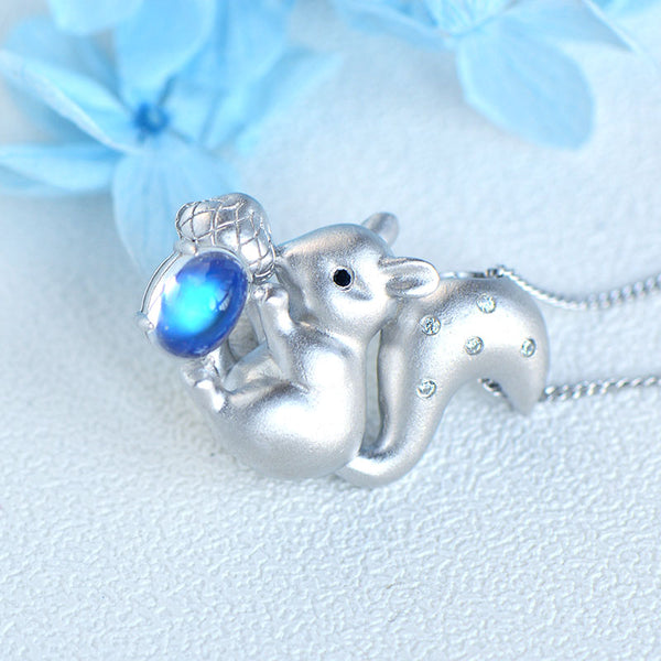 Ladies Squirrel Shaped White Gold Plated Sterling Silver Moonstone Pendant Necklace For Womens