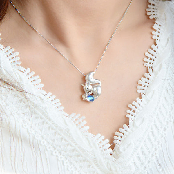 Squirrel Shaped Ladies Sterling Silver Moonstone Pendant Necklace June Birthstone Jewelry For Womens Best