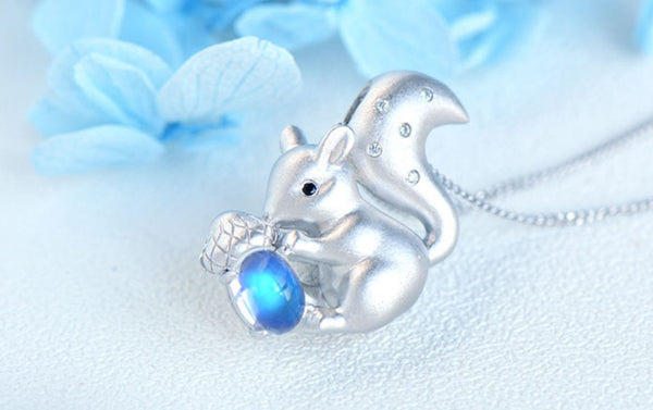 Squirrel Shaped Ladies Sterling Silver Moonstone Pendant Necklace June Birthstone Jewelry For Womens Cute