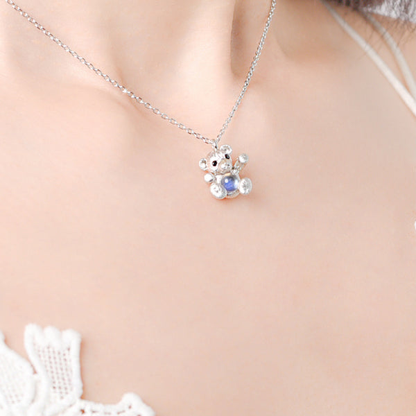 Sterling Silver Bear Moonstone Pendant Necklace For Women Nice