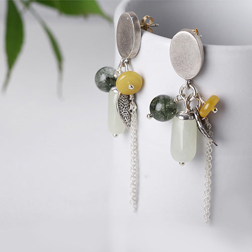 Sterling Silver Dangle Earrings Wax jade Rutilated Quartz Handmade Jewelry Women fashionable