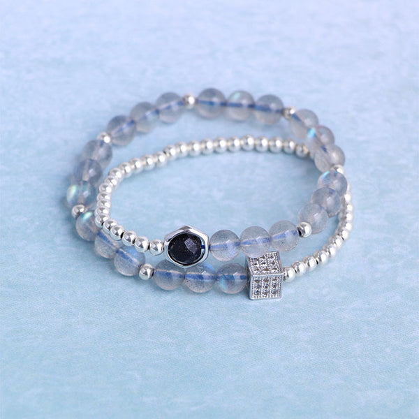 Sterling Silver Moonstone Blue sandstone Bead Bracelet Handmade Jewelry Accessories Gift Women cute