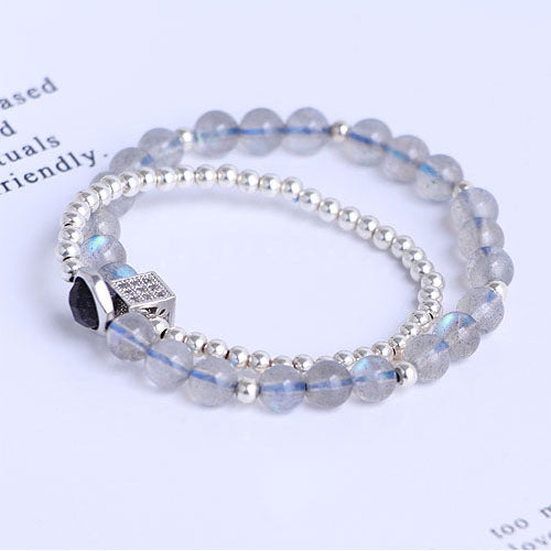 Sterling Silver Moonstone Blue sandstone Bead Bracelet Handmade Jewelry Accessories Gift Women june birthstone grey gemstone