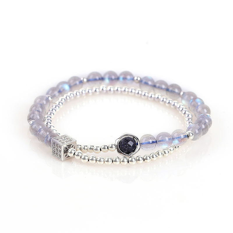 Sterling Silver Moonstone Blue sandstone Bead Bracelet Handmade Jewelry Accessories Gift Women