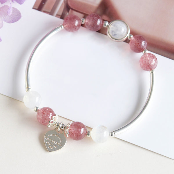 Sterling Silver Moonstone Strawberry Quartz Bead Bracelet Handmade Jewelry Women Accessories
