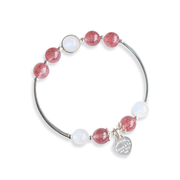 Sterling Silver Moonstone Strawberry Quartz Bead Bracelet Handmade Jewelry Women beautiful
