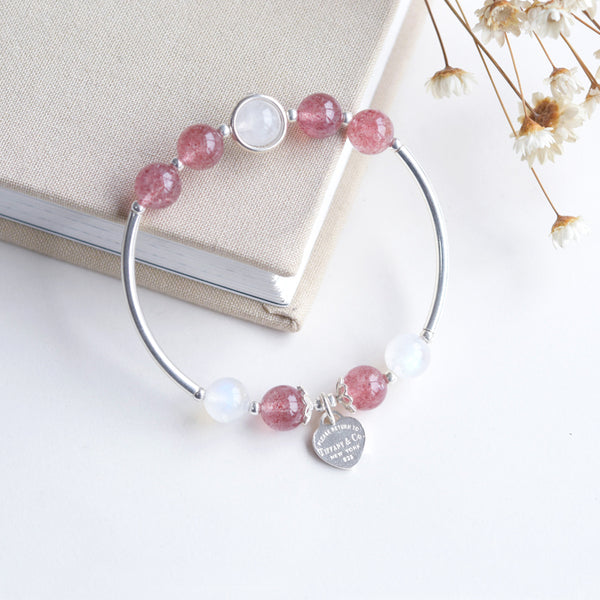Sterling Silver Moonstone Strawberry Quartz Bead Bracelet Handmade Jewelry Women cute