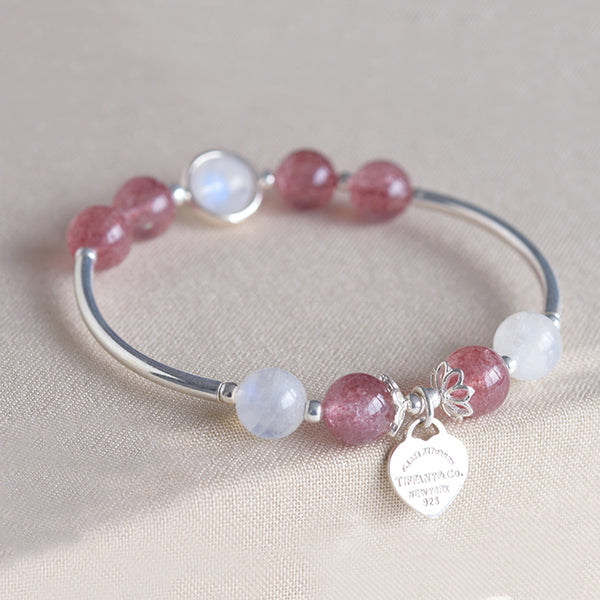 Sterling Silver Moonstone Strawberry Quartz Bead Bracelet Handmade Jewelry Women gift