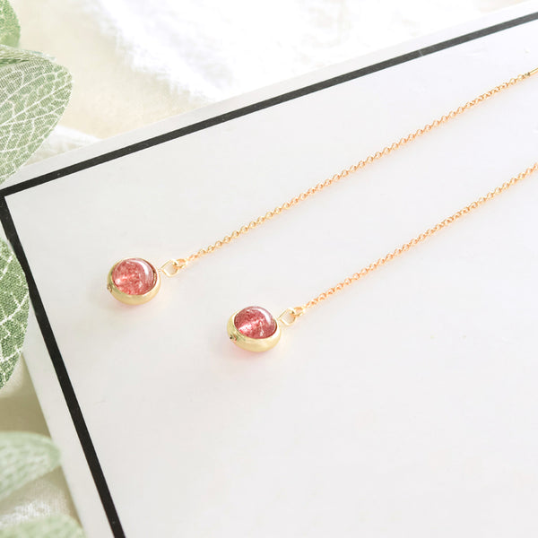 Strawberry Quartz Crystal Bead Gold Threader Earrings Handmade Jewelry Accessories Women adorable