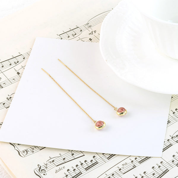 Strawberry Quartz Crystal Bead Gold Threader Earrings Handmade Jewelry Accessories Women beautiful