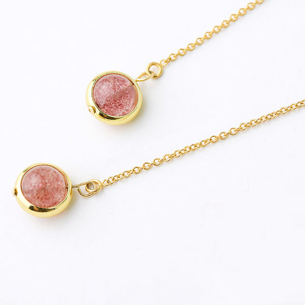 Strawberry Quartz Crystal Bead 14K Gold Gild Threader Earrings Handmade Jewelry Accessories Women