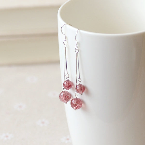 Strawberry Quartz Crystal Bead Silver Dangle Earrings Handmade Jewelry Accessories Women beautiful