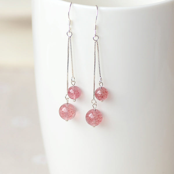 Strawberry Quartz Crystal Bead Silver Dangle Earrings Handmade Jewelry Accessories Women