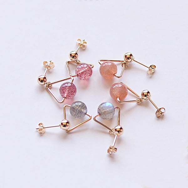 Strawberry Quartz Crystal Moonstone Bead Gold Stud Dangle Earrings Handmade Jewelry Accessories Women beautiful chic