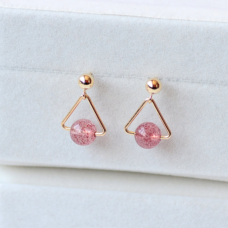 Strawberry Quartz Crystal Moonstone Bead Gold Stud Dangle Earrings Handmade Jewelry Accessories Women