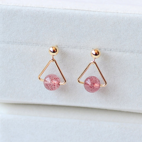 Strawberry Quartz Crystal Moonstone Bead Gold Stud Dangle Earrings Handmade Jewelry Accessories Women