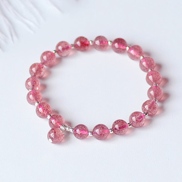 Strawberry Quartz Silver Bead Bracelet Handmade Jewelry Accessories Gifts Women beautiful