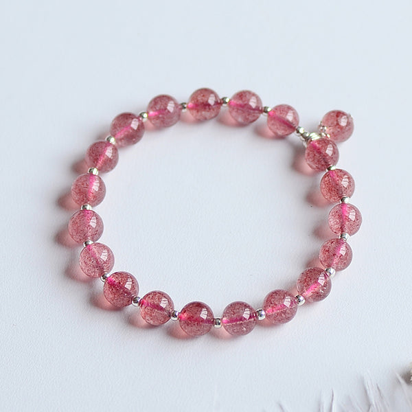 Strawberry Quartz Silver Bead Bracelet Handmade Jewelry Accessories Gifts Women cute