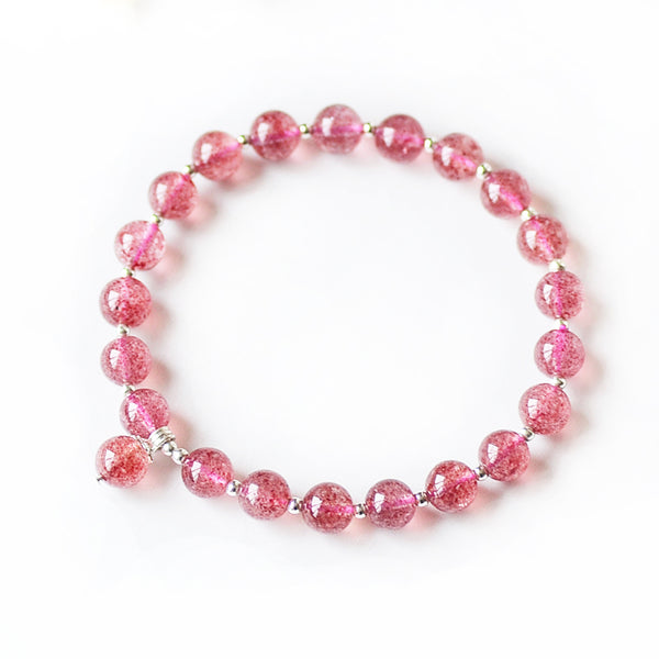 Strawberry Quartz Silver Bead Bracelet Handmade Jewelry Accessories Gifts Women