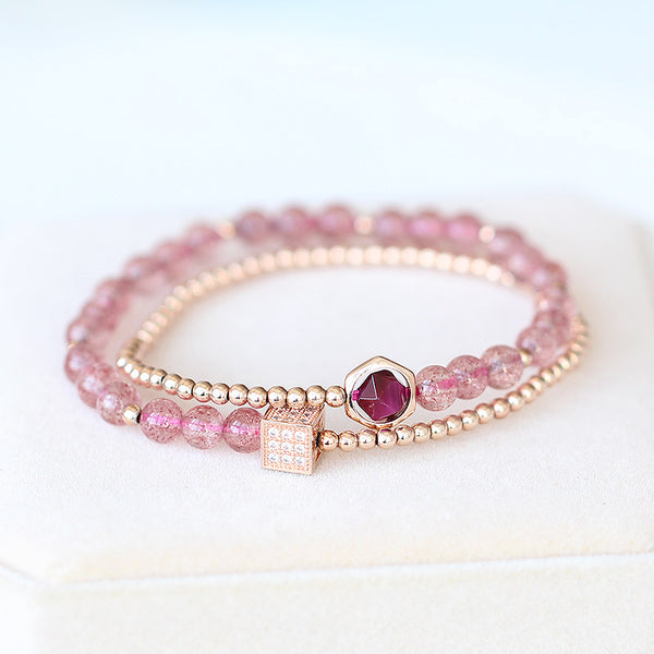  Strawberry Quartz Tigereye Gold Silver Bead Bracelet Handmade Jewelry Women pink