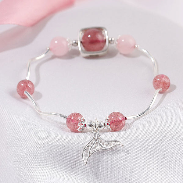 Strawberry Rose Quartz Crystal Silver Bead Bracelet Handmade Jewelry Women PINK
