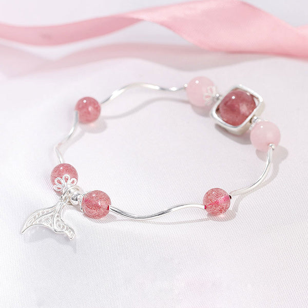Strawberry Rose Quartz Crystal Silver Bead Bracelet Handmade Jewelry Women beautiful