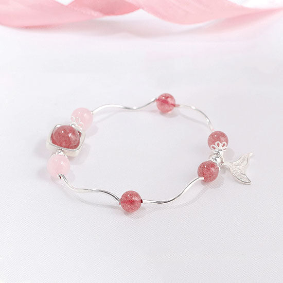 Strawberry Rose Quartz Crystal Silver Bead Bracelet Handmade Jewelry Women girls